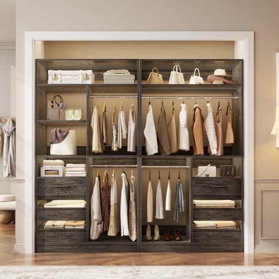 iSunirm 72" Closet System 2-Piece Set, Walk-in Closet System with 6 Drawers & 4 Hanging Rods, Heavy Duty Wardrobe Closet with Open Storage Shelves, for Bedroom/Closet, 72"L x 16"W x 80"H, Black Oak