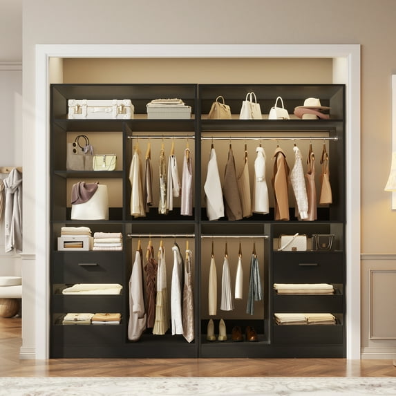 iSunirm 72" Closet System 2-Piece Set, Walk-in Closet System with 6 Drawers & 4 Hanging Rods, Heavy Duty Wardrobe Closet with Open Storage Shelves, for Bedroom/Closet, 72"L x 16"W x 80"H, Black