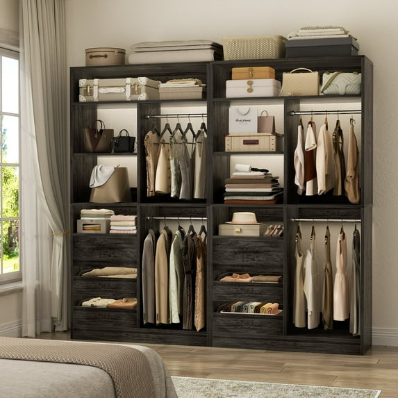 iSunirm 72'' Closet System 2-Piece Set with 6 Drawers, Walk-in Closet Organizer System with Hanging Rods and Shelves for Closet Storage, Black Oak