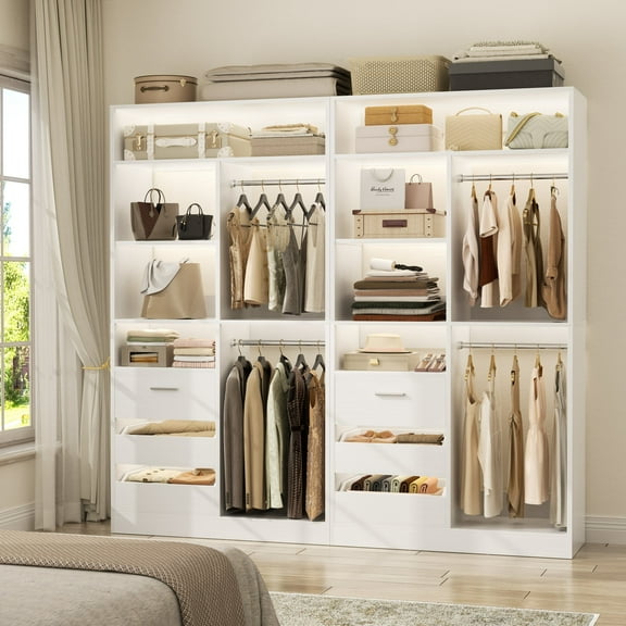 iSunirm 72'' Closet System 2-Piece Set with 6 Drawers, Walk-in Closet Organizer System with Hanging Rods and Shelves for Closet Storage, White