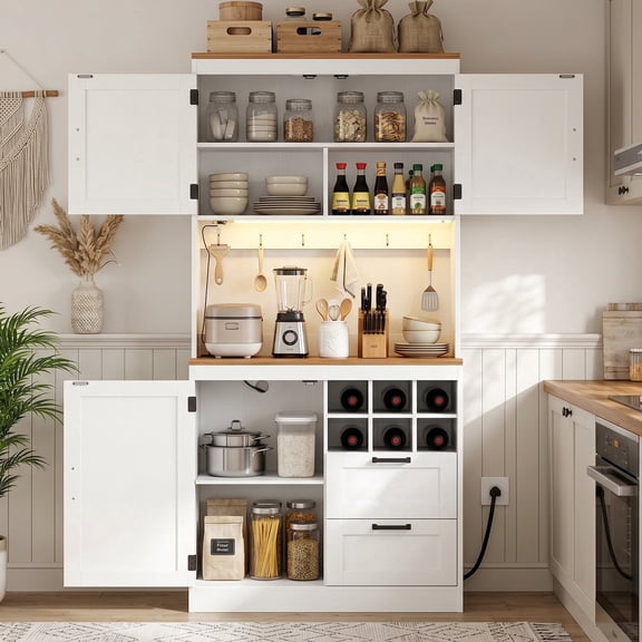 iSunirm 72'' Tall Pantry Cabinet with Drawers and Cabinets, Kitchen Cupboard with Outlet & LED Lights for Dining, Kitchen, White & Walnut