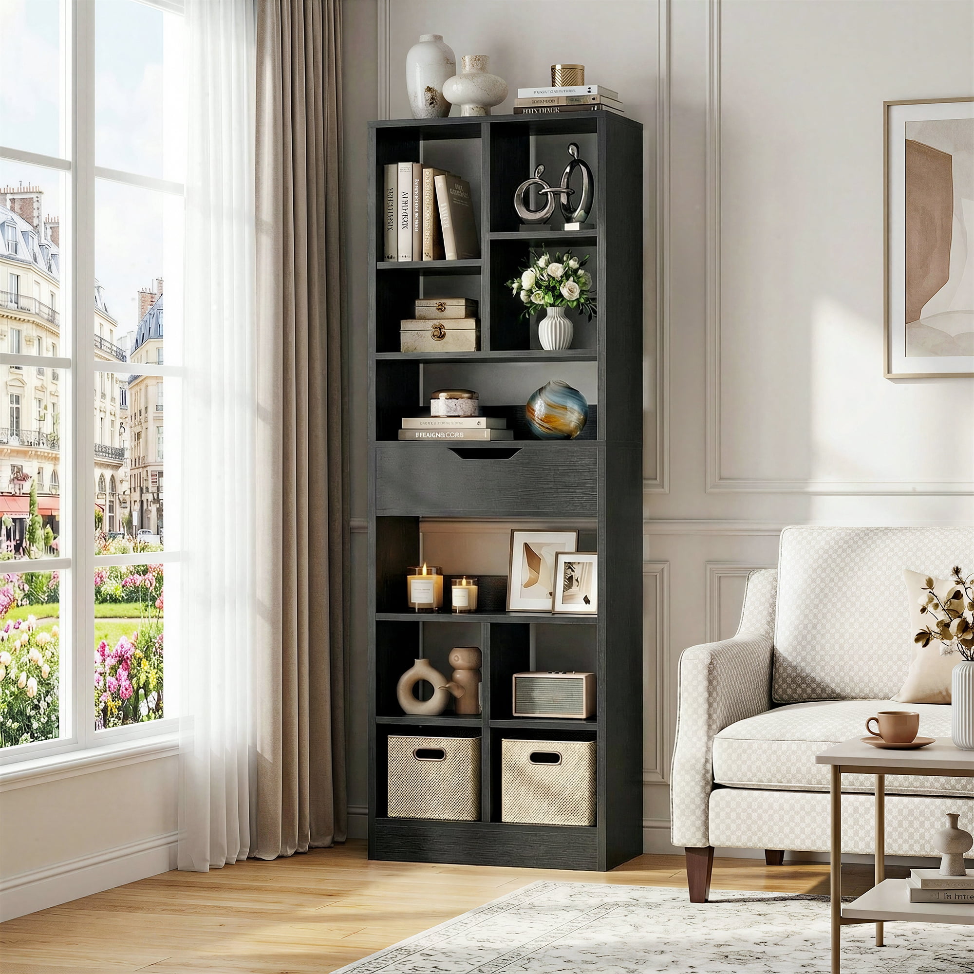 iSunirm 73.6'' Tall Cube Bookcase with Drawer, 10-Tier Bookshelves with Adjustable Shelves, 19.7 '' Width Display Shelf for Living Room, Home Office, Black