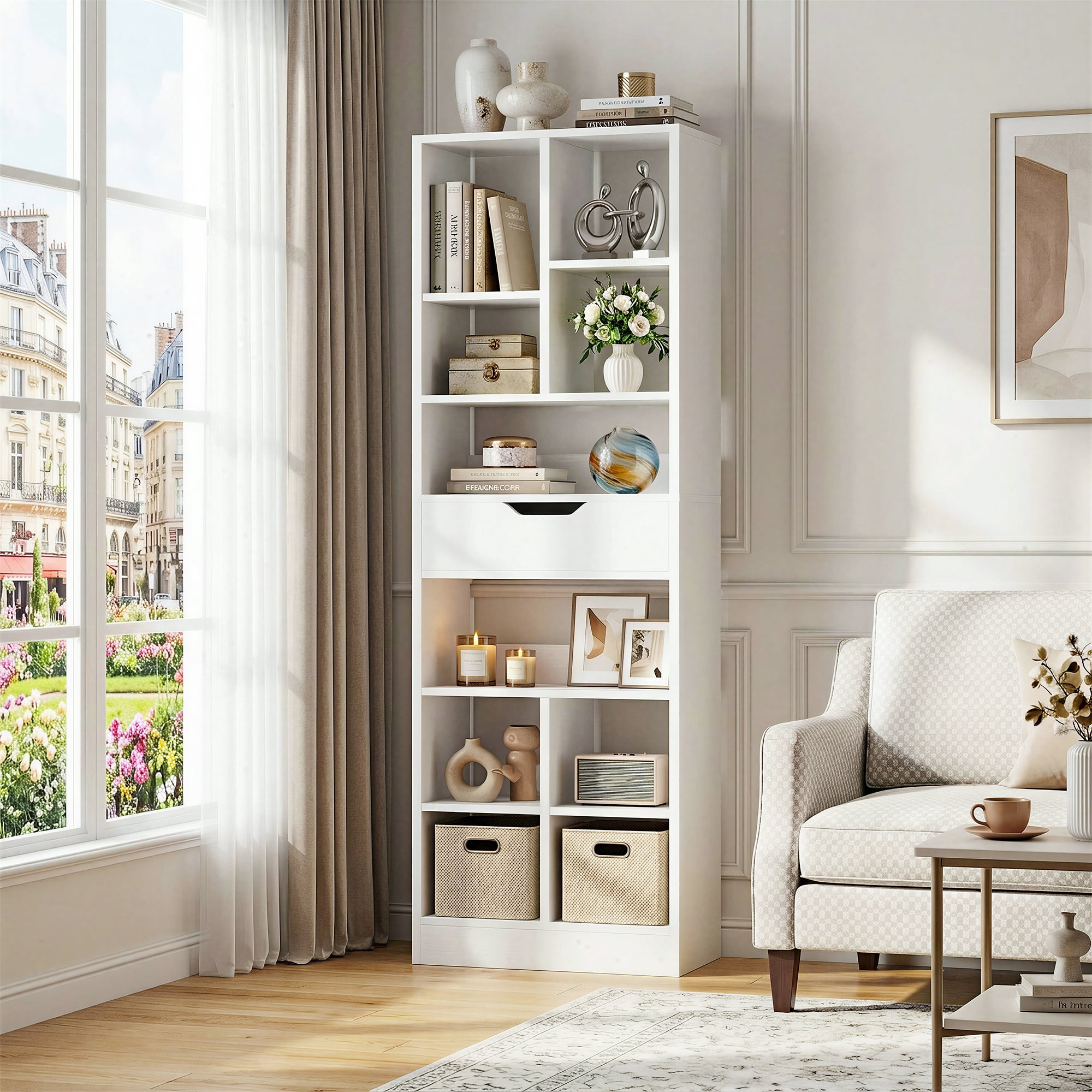iSunirm 73.6'' Tall Cube Bookcase with Drawer, 10-Tier Bookshelves with Adjustable Shelves, 19.7 '' Width Display Shelf for Living Room, Home Office, White