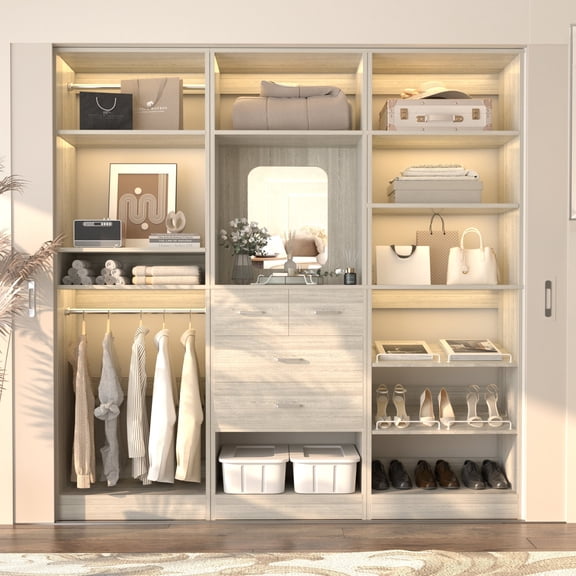 iSunirm 75 Inch Closet Organizer System, 3-in-1 Freestanding Closet Set, Wardrobe Closet with Hanging Rods, Drawers, and Adjustable Shelves, Walk-In Closet for Bedroom or Closet, White Oak