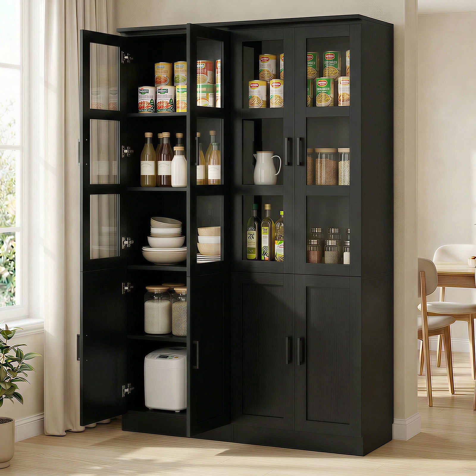 iSunirm 79.7'' Tall Pantry Cabinet with Tempered Glass Doors and Adjustable Shelves, Freestanding Kitchen Hutch Cabinet for Kitchen, Dining, Living Room, Black, 2 Packs