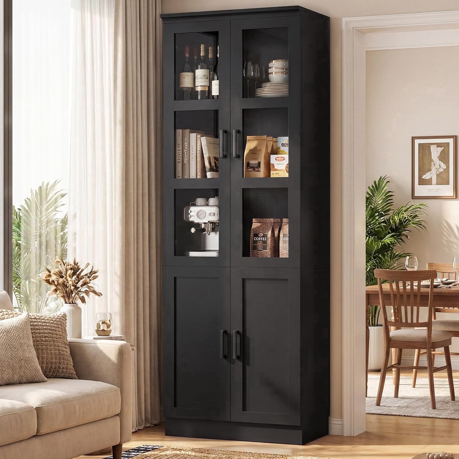 iSunirm 79.7'' Tall Pantry Cabinet with Tempered Glass Doors and Adjustable Shelves, Freestanding Kitchen Hutch Cabinet for Kitchen, Dining, Living Room, Black