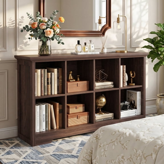iSunirm 8 Cube Storage Organizer with Charging Station, 3-Tier Farmhouse Wooden Cube Bookcase for Living Room, Entryway, Walnut