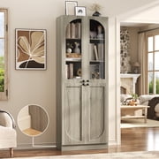 iSunirm 80'' Tall Bookcase with Doors, 6-Tier Floor Standing Bookcase with Adjustable Shelves, Display Cabinet with Glass Doors for Living Room, Wash Oak