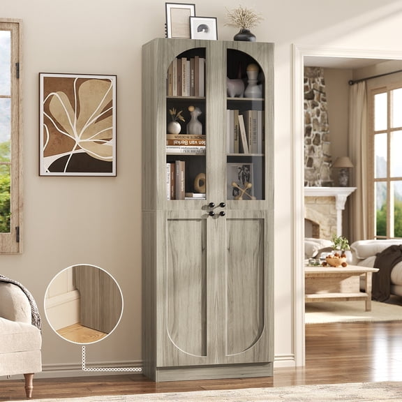 iSunirm 80'' Tall Bookcase with Doors, 6-Tier Floor Standing Bookcase with Adjustable Shelves, Display Cabinet with Glass Doors for Living Room, Wash Oak