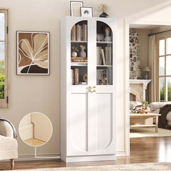 iSunirm 80'' Tall Bookcase with Doors, 6-Tier Floor Standing Bookcase with Adjustable Shelves, Display Cabinet with Glass Doors for Living Room, White