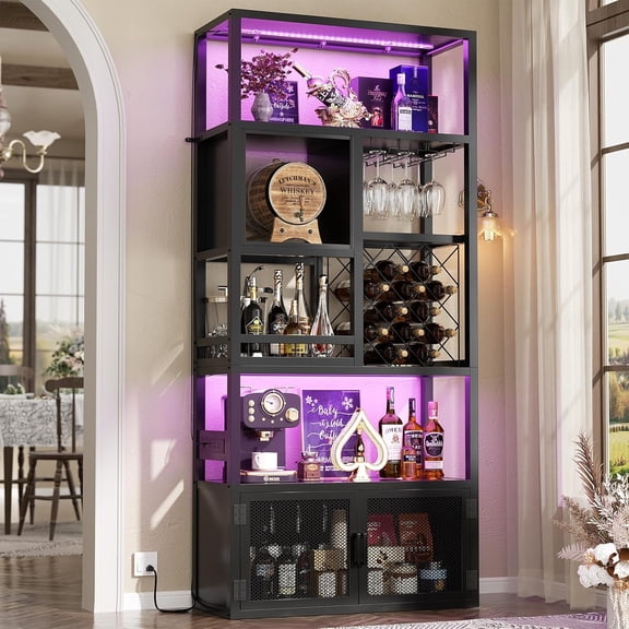 iSunirm 82.6'' Tall Wine Cabinet, Wine Bar Stand with Power Outlet and LED Lights, Liquor Cabinet with Wine Rack and Glass Holder for Dining, Kitchen, Living Room, Black