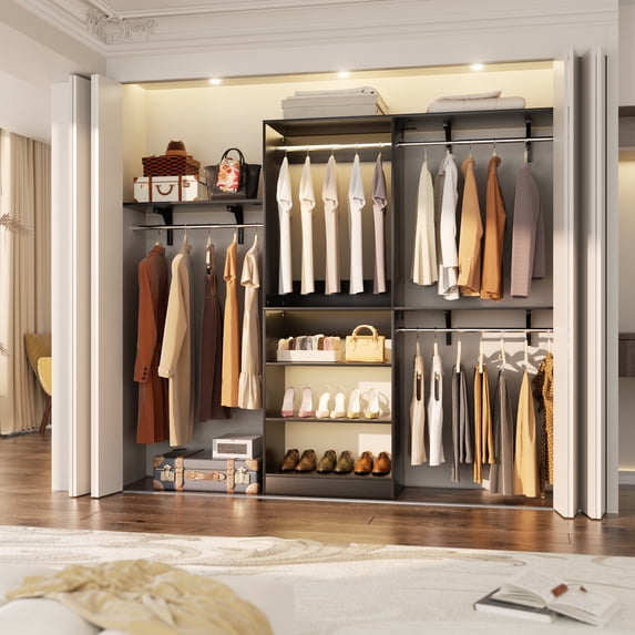 iSunirm 8FT Closet Organizer and Storage System, Closet System with Hanging Rods and Storage Shelves, 96''W x 16''D x 75''H, Black