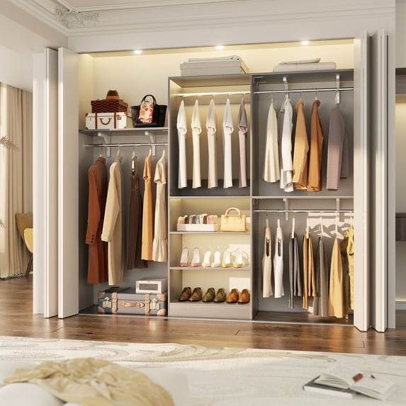 iSunirm 8FT Closet Organizer and Storage System, Closet System with Hanging Rods and Storage Shelves, 96''W x 16''D x 75''H, Gray