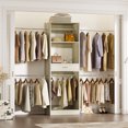 thumbnail image 1 of iSunirm 8FT Closet System with Drawer, 96'' Walk-in Closet Organizer with 6 Hanging Rods, Fits 20.5 - 96'' Width Space, Adjustable Clothing Rack for Bedroom & Closet, 1000 LBS Load, White Oak, 1 of 9
