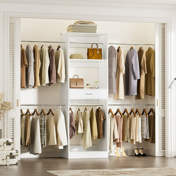 iSunirm 8FT Closet System with Drawer, 96'' Walk-in Closet Organizer with 6 Hanging Rods, Fits 20.5 - 96'' Width Space, Adjustable Clothing Rack for Bedroom & Closet, 1000 LBS Load, White