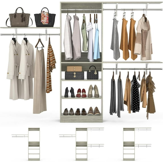 iSunirm 96 Inch Closet System, Wall Mounted Clothing System with 3 Shelf Towers, Heavy Duty Wardrobe with 5 Shelves, 96''L x 16''W x 75''H, Load 800 LBS, White Oak