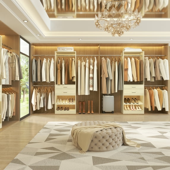 iSunirm 96" Walk-in Closet System with 2 Wooden Drawer & Adjustable Shoe Rack, Clothes Organizer with 3 Hanging Rods, Heavy Duty Closet Garment Rack for Bedroom/Closet, 96"W x 15"D x 80"H, White Oak