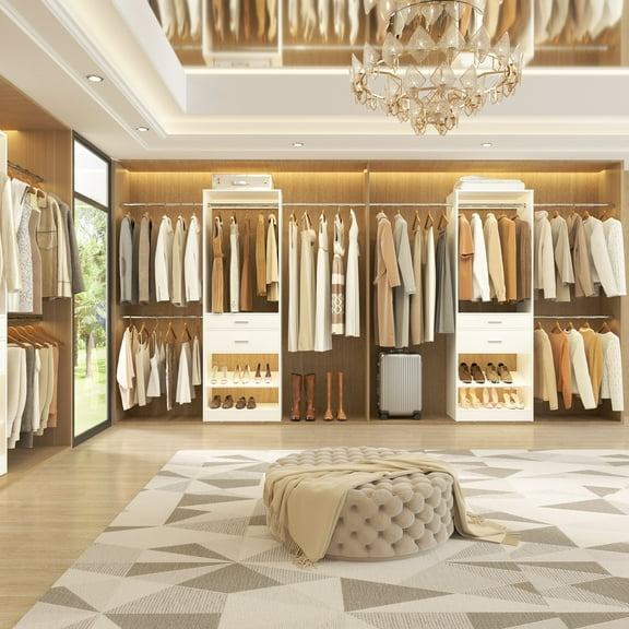 iSunirm 96" Walk-in Closet System with 2 Wooden Drawers & Adjustable Shoe Rack, Clothes Organizer with 3 Hanging Rods, Heavy Duty Closet Garment Rack for Bedroom/Closet, 96"W x 15"D x 80"H, White