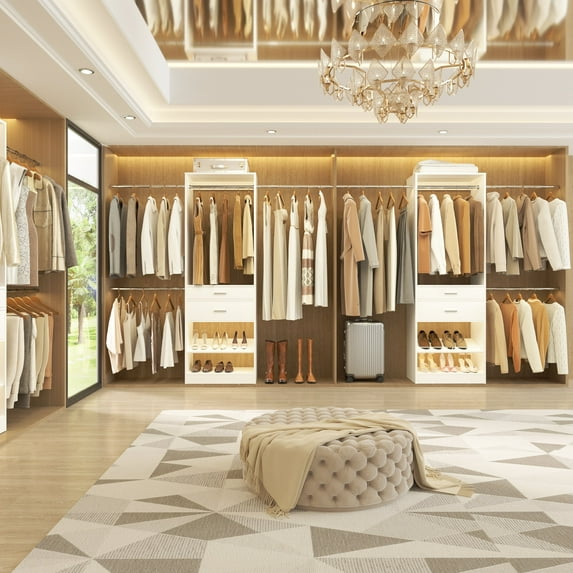 iSunirm 96" Walk-in Closet System with 2 Wooden Drawers & Adjustable Shoe Rack, Clothes Organizer with 3 Hanging Rods, Heavy Duty Closet Garment Rack for Bedroom/Closet, 96"W x 15"D x 80"H, White