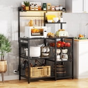 iSunirm Bakers Rack with Power Outlet and LED Light, Microwave Oven Stand Kitchen Storage Shelf with Wire Basket, Coffee Bar Station Island Table with 10 Hooks, for Pots, Spices, Pans, Black