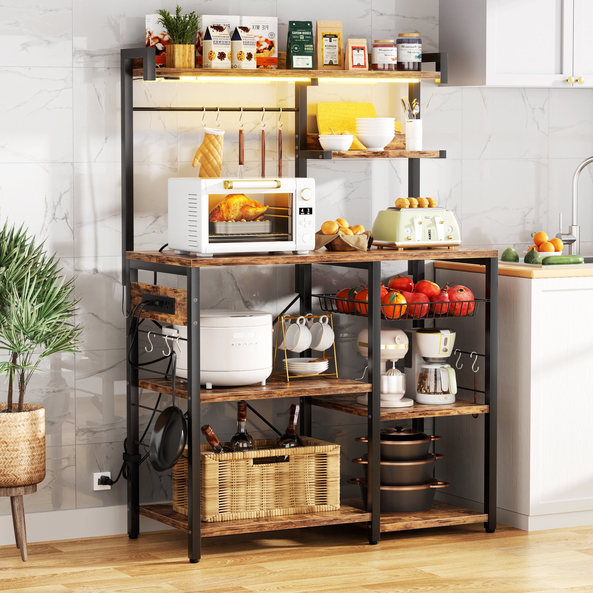 iSunirm Bakers Rack with Power Outlet and LED Light, Microwave Oven Stand Kitchen Storage Shelf with Wire Basket, Coffee Bar Station Island Table with 10 Hooks, for Pots, Spices, Pans, Rustic Brown