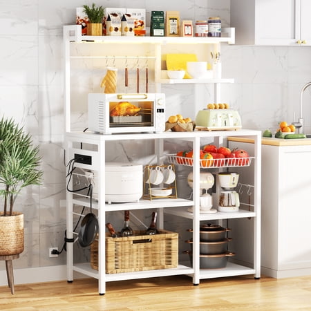 iSunirm Bakers Rack with Power Outlet and LED Light, Microwave Oven Stand Kitchen Storage Shelf with Wire Basket, Coffee Bar Station Island Table with 10 Hooks, for Pots, Spices, Pans, White
