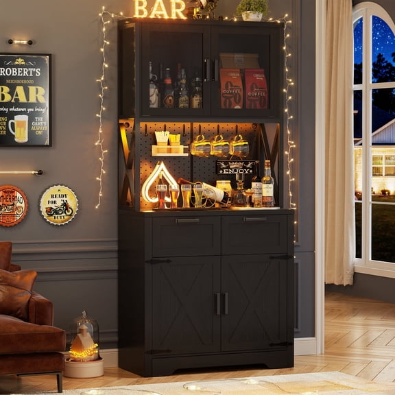 iSunirm Bar Cabinet with Drawers, Tall Coffee Bar Cabinet with Power Outlets, RGB LED Light, DIY Pegboard and Hooks, Buffet Cabinet for Dining/Kitchen/Living Room