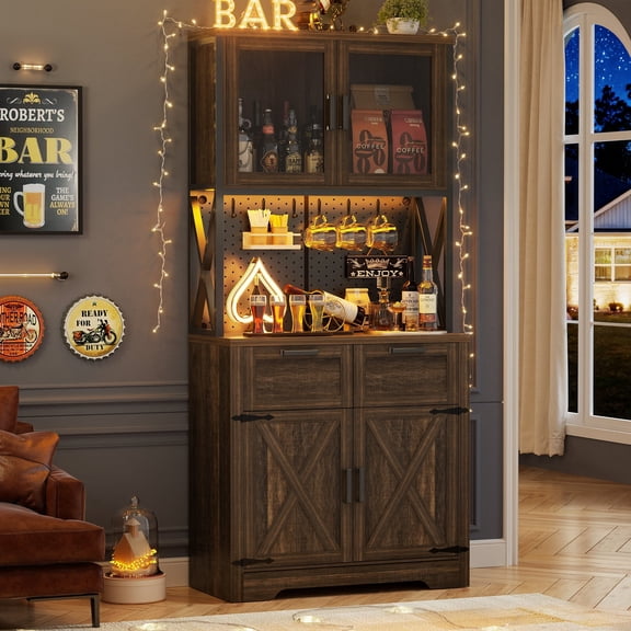 iSunirm Bar Cabinet with Drawers, Tall Coffee Bar Cabinet with Power Outlets, RGB LED Light, DIY Pegboard and Hooks, Buffet Cabinet for Dining/Kitchen/Living Room