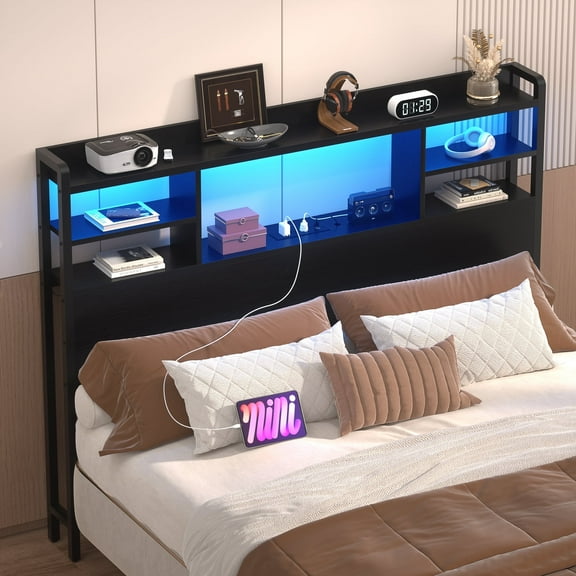 iSunirm Bookcase Headboard for Twin Size Bed with Storage, Headboard with LED Light & Power Outlets, Sturdy Twin Size Wood Headboard Only for Twin Size Bed Frame, 40.2'' Width, Black