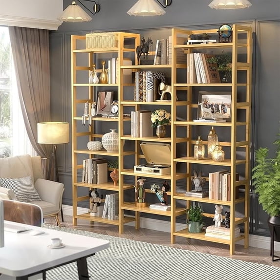 iSunirm Bookcase with Storage Home Decor Closet Organizers Toy Storage Triple Wide 6-Tier Bamboo 6ft Tall Bookcase with 17 Open Display Shelves Super Large Freestanding Book Shelf Natural