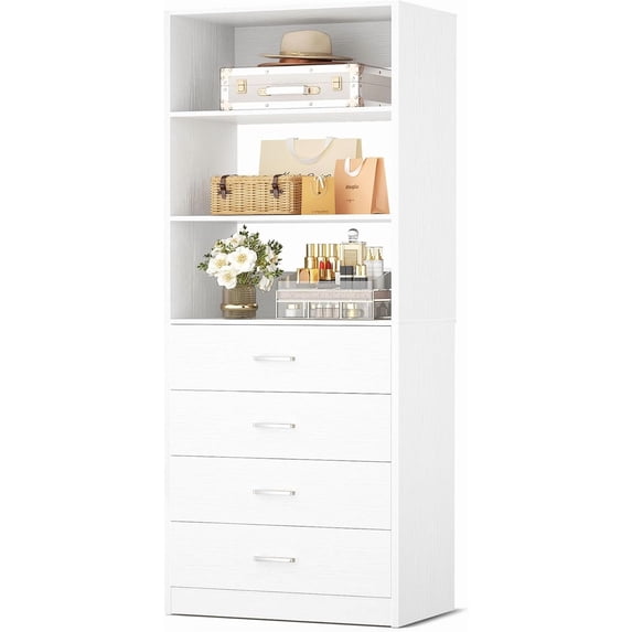 iSunirm Closet Organizer System with 4 Wood Drawers, 21.3'' Walk-in Closet Storage Unit, Small Closets Wardrobe Closet, Tall Storage Cabinet Unit, White