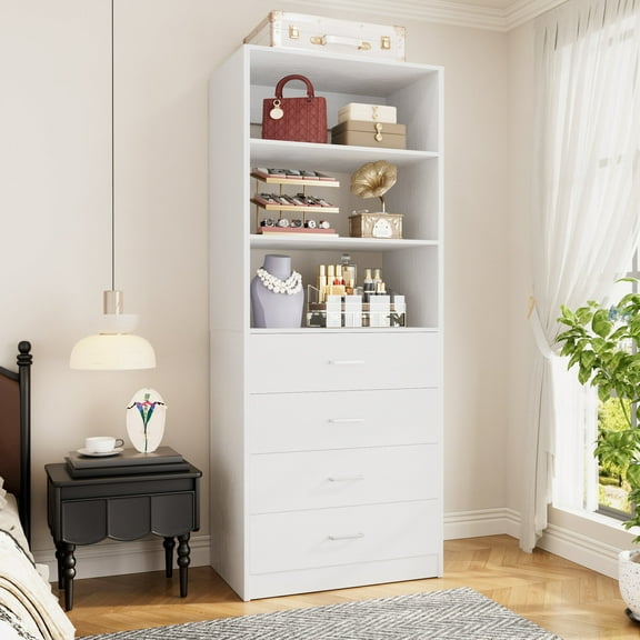 iSunirm Closet Organizer System with 4 Wood Drawers, 21.3'' Walk-in Closet Storage Unit, Small Closets Wardrobe Closet, Tall Storage Cabinet Unit, White