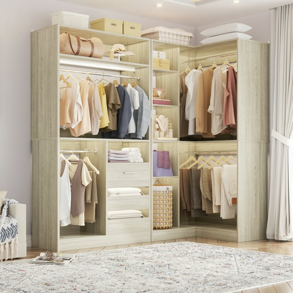 iSunirm Closet System with 2 Sets, Walk-in Closet Organizer System with Drawers & Hanging Rods, Heavy Duty Wardrobe Closet with Storage Shelves for Bedroom, Closet, 72''L x 36''W x 80''H, White Oak