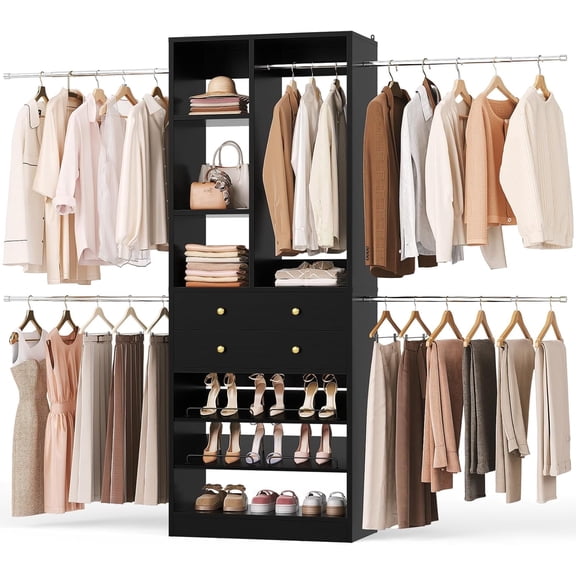 iSunirm Closet System, 27.8"-106.5" Width Adjustable Closet Organizer with 2 Drawers & 5 Retractable Hanging Rods, Built-in Adjustable Shoe Racks, Black