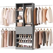iSunirm Closet System, 27.8"-106.5" Width Adjustable Closet Organizer with 2 Drawers & 5 Retractable Hanging Rods, Built-in Adjustable Shoe Racks, Gray