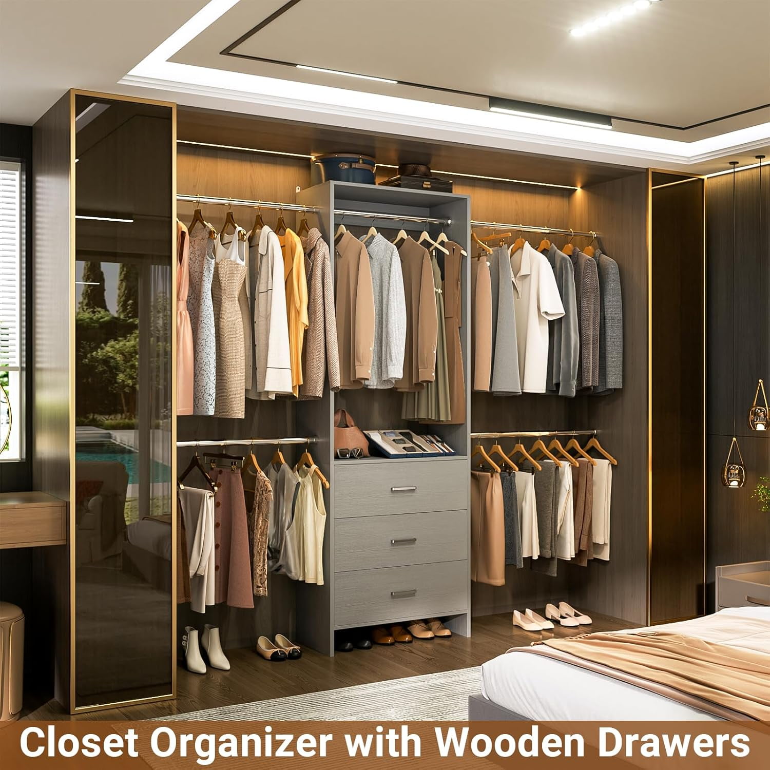 iSunirm Closet System, Walk-in Closet Organizer System with 3 Wooden ...