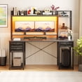thumbnail image 1 of iSunirm Computer Desk with Storage & Hutch, 55.2'' Rectangle Gaming Desk with LED Light, Reversible Office Desk with Power Outlets, Comes with 3 Drawers, Large Workstation Desk for Home, Black Oak, 1 of 10