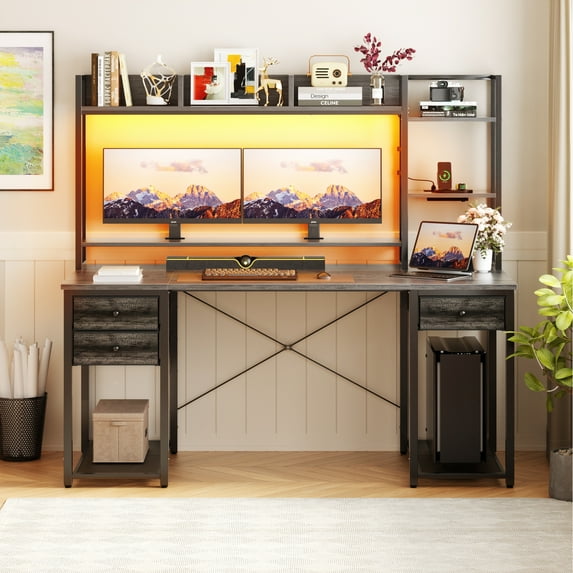 iSunirm Computer Desk with Storage & Hutch, 55.2'' Rectangle Gaming Desk with LED Light, Reversible Office Desk with Power Outlets, Comes with 3 Drawers, Large Workstation Desk for Home, Black Oak