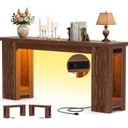 iSunirm Console Table with Charging Station, 63'' Long Narrow Entryway Table with LED Light, Thickened End Table for Entrance, Living Room, Bedroom, Distressed Brown