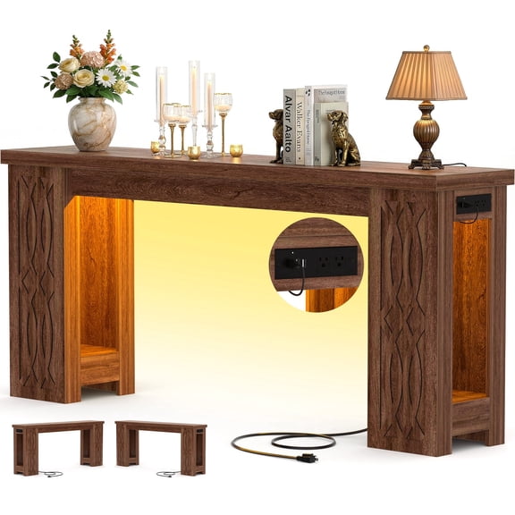 iSunirm Console Table with Charging Station, 63'' Long Narrow Entryway Table with LED Light, Thickened End Table for Entrance, Living Room, Bedroom, Distressed Brown