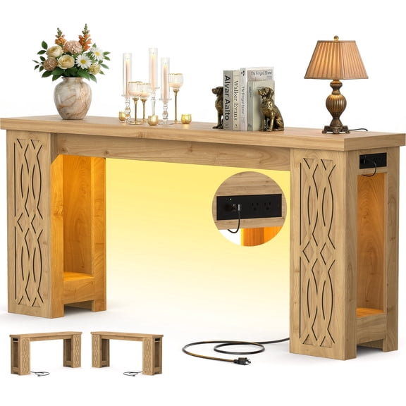 iSunirm Console Table with Charging Station, 63'' Long Narrow Entryway Table with LED Light, Thickened End Table for Entrance, Living Room, Bedroom, Nature
