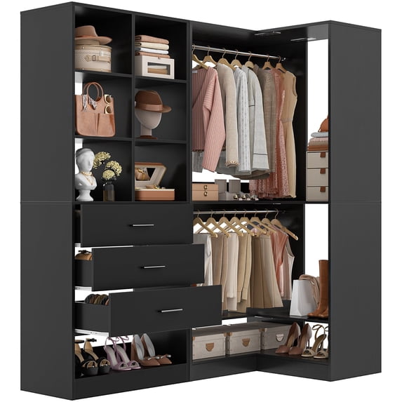 iSunirm Corner Closet Organizer System 2-Piece Set, 54''L x 31''W Wardrobe System with 3 Drawers, 2 Hanging Rods, and Shelves for Closet, Bedroom, Black