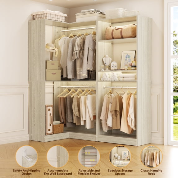 iSunirm Corner Closet System with Shelves, 56.5"W x 31.5"D Walk-in Closet Organizer System Garment Rack with 4 Hanging Rods, Space Saving, Ideal Closet Storage Unit