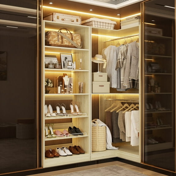 iSunirm Corner Closet System with Shoe Rack Tower, Walk-in Closet Organizer System with Adjustable Shelves & Rods for Closet, Bedroom, Wash Oak