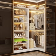iSunirm Corner Closet System with Shoe Rack Tower, Walk-in Closet Organizer System with Adjustable Shelves & Rods for Closet, Bedroom, White