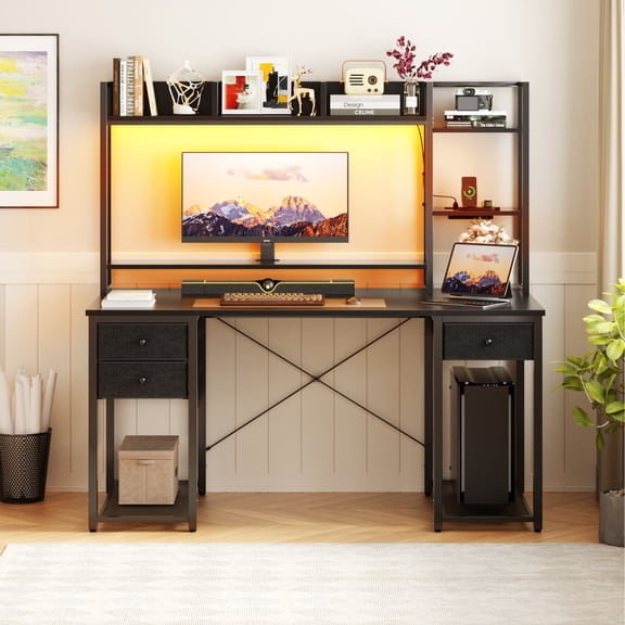 iSunirm Desk with LED Light and Power Outlet, 47.2'' Gaming Desk with Hutch, Reversible Computer Desk with Drawers, and Storage Bookshelf, Large Workstation Desk, for Home & Office, Black