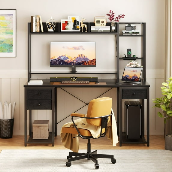 iSunirm Desk with LED Light and Power Outlet, 47.2'' Gaming Desk with Hutch, Reversible Computer Desk with Drawers, and Storage Bookshelf, Large Workstation Desk, for Home & Office, Black