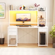 iSunirm Desk with LED Light and Power Outlet, 47.2 Gaming Desk with Hutch, Reversible Computer Desk with Drawers, and Storage Bookshelf, Large Workstation Desk, for Home & Office, White