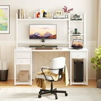 iSunirm Desk with LED Light and Power Outlet, 47.2'' Gaming Desk with Hutch, Reversible Computer Desk with Drawers, and Storage Bookshelf, Large Workstation Desk, for Home & Office, White