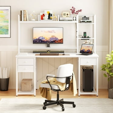 iSunirm Desk with LED Light and Power Outlet, 47.2'' Gaming Desk with Hutch, Reversible Computer Desk with Drawers, and Storage Bookshelf, Large Workstation Desk, for Home & Office, White